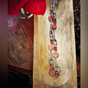 Long, Mixed Silver Chain and Watermelon Quartz Necklace